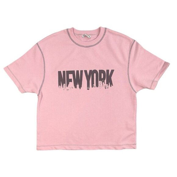 Zara Barbie Pink New York Graphic Sweatshirt Short Sleeve Contrast Stitching S - Picture 1 of 7